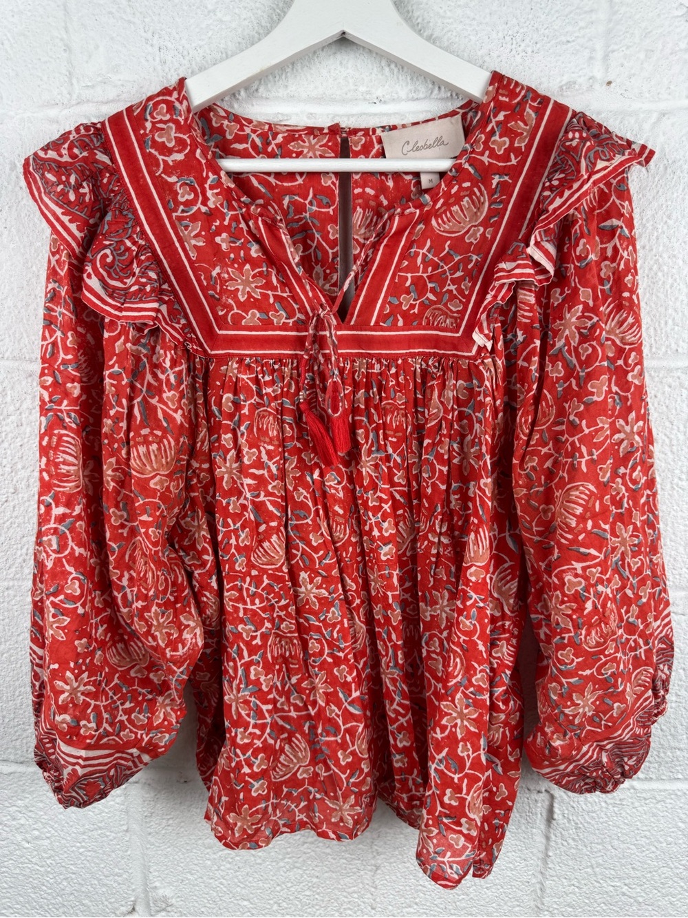 Cleobella Mylah Blouse Red Floral Block Print Tassel Tie Ruffle Boho Top Size M - Picture 2 of 11